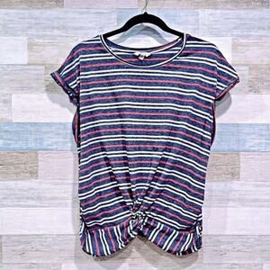 LUCKY BRAND Striped Twist Hem Tee Blue Red White Cotton Womens Large